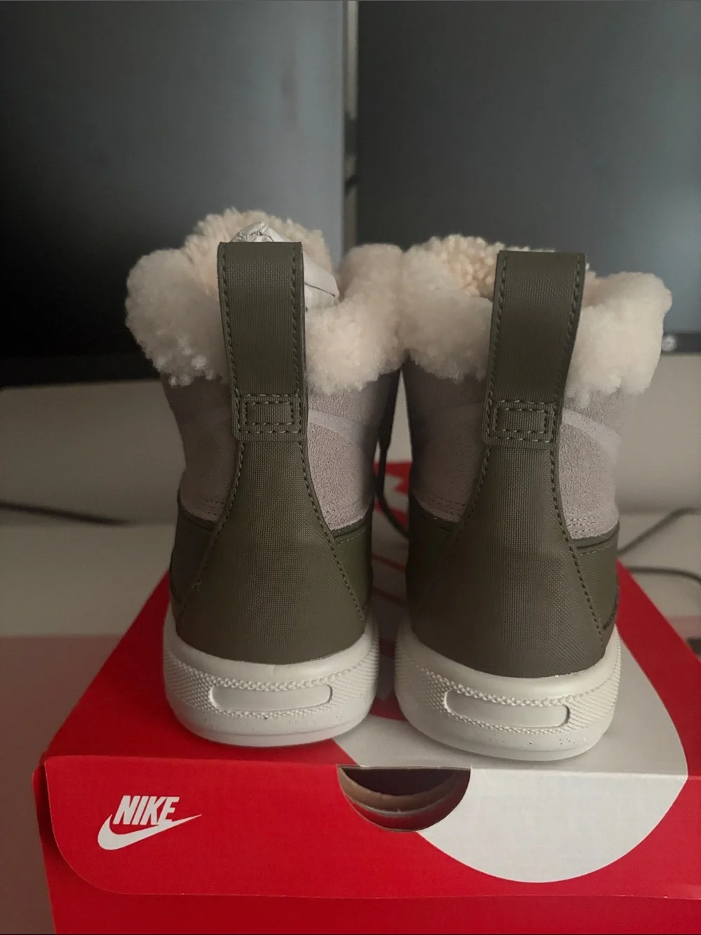 Nike Women’s Olive Green and Light Gray Faux Fur Winter Boots
